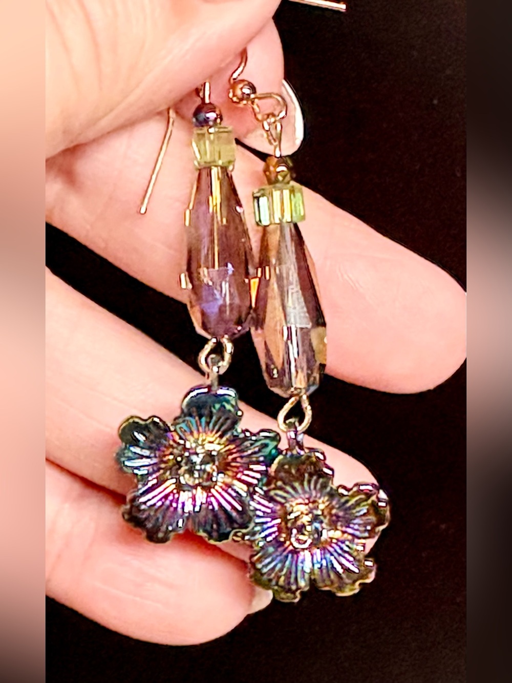 Hand Crafted Iridescent Floral Dangle Earrings - Purple & Green Accents